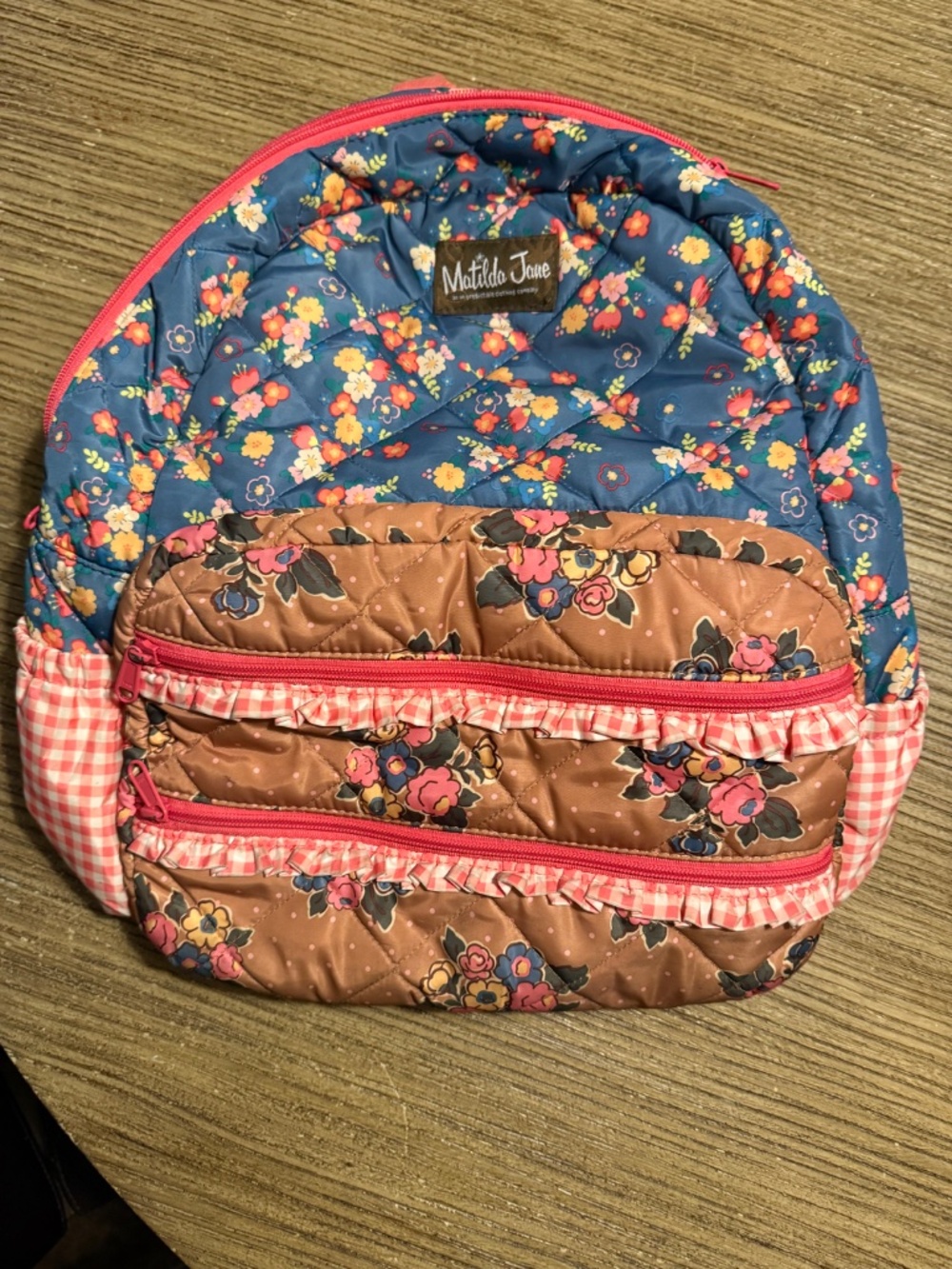 Matilda Jane Blue Floral and Brown Quilted Kids Backpack with Pink Trim